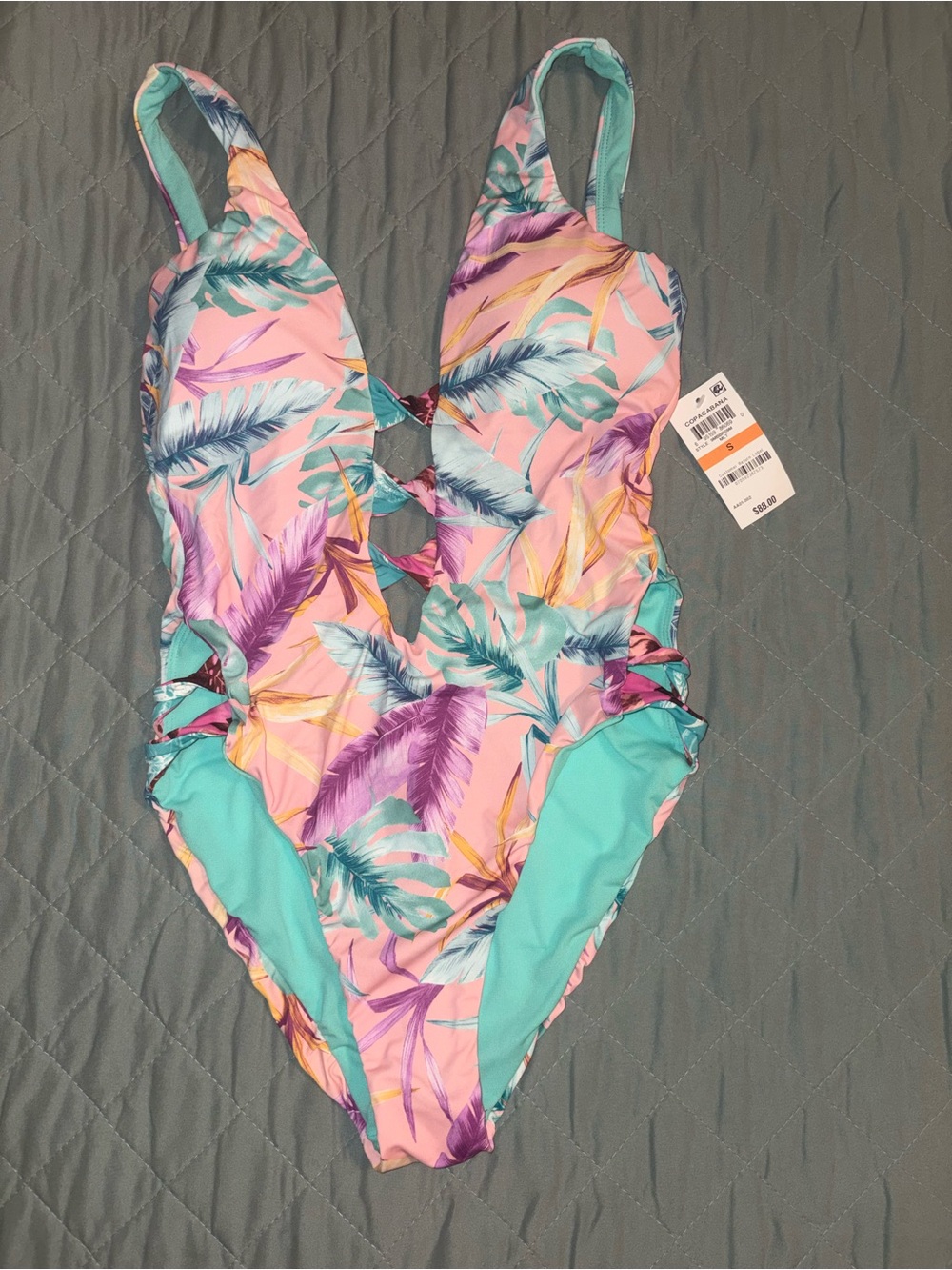 Women’s Pink Tropical One-Piece Swimsuit with Teal Accents